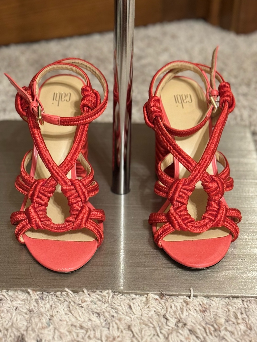 Pre-owned Cabi Size 7 Red Hibiscus Tiptoe Rope Strappy Sandals